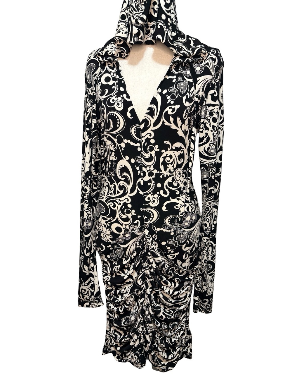 Y2K Apple Bottoms Hooded Ruched Bodycon Dress Black Ivory McBling Size L